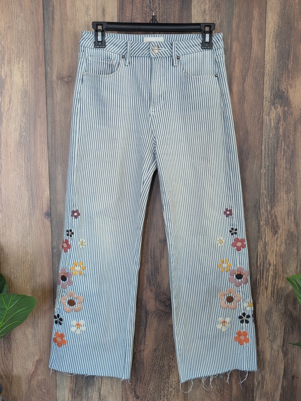 DRIFTWOOD PinStriped Wide Leg Floral Embroidery Fray Hem Jeans 25 710A